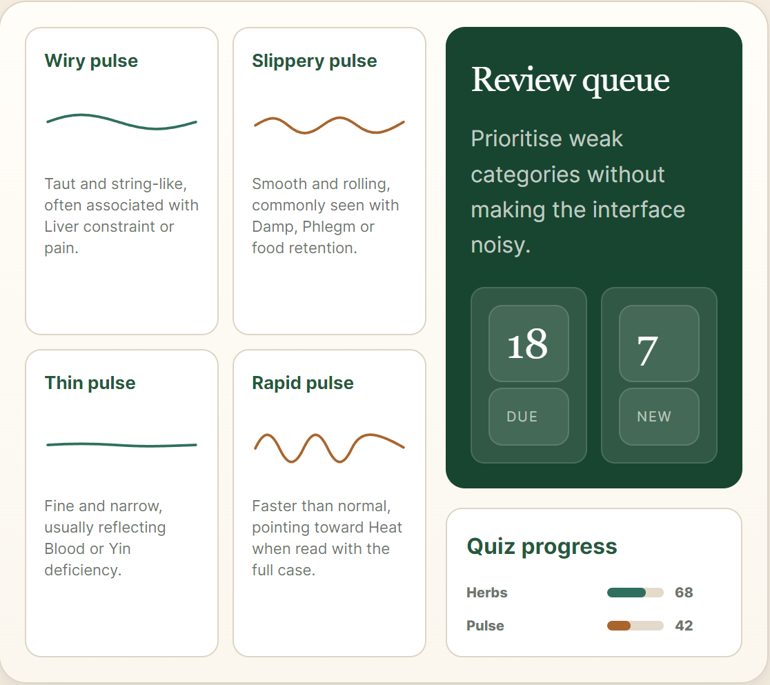 Shen Study review queue mockup showing pulse quality cards, due and new review counts, and quiz progress for herbs and pulse study.